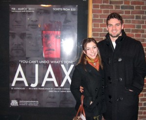 Zane Swanson (CAS '14) and his guest, outside the A.R.T. during the Core excursion to see Ajax on Saturday, February 12, 2011