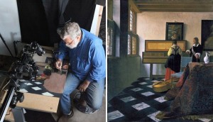 Left, Tim Jenison, with part of the optical apparatus he created above him, at work in his San Antonio studio. Right, Vermeer’s The Music Lesson, the painting Jenison chose to re-create.