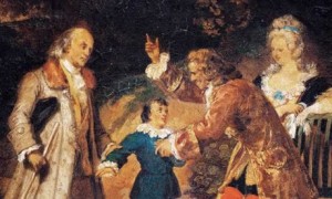 A depiction by Achille Devaria of Voltaire greeting Ben Franklin and his nephew as they visit France. —© DeA Picture Library / Art Resource, NY