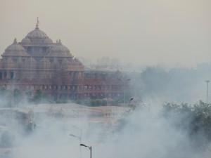 Akshardham Temple, in the smoke of the 2010 Commonwealth Games construction