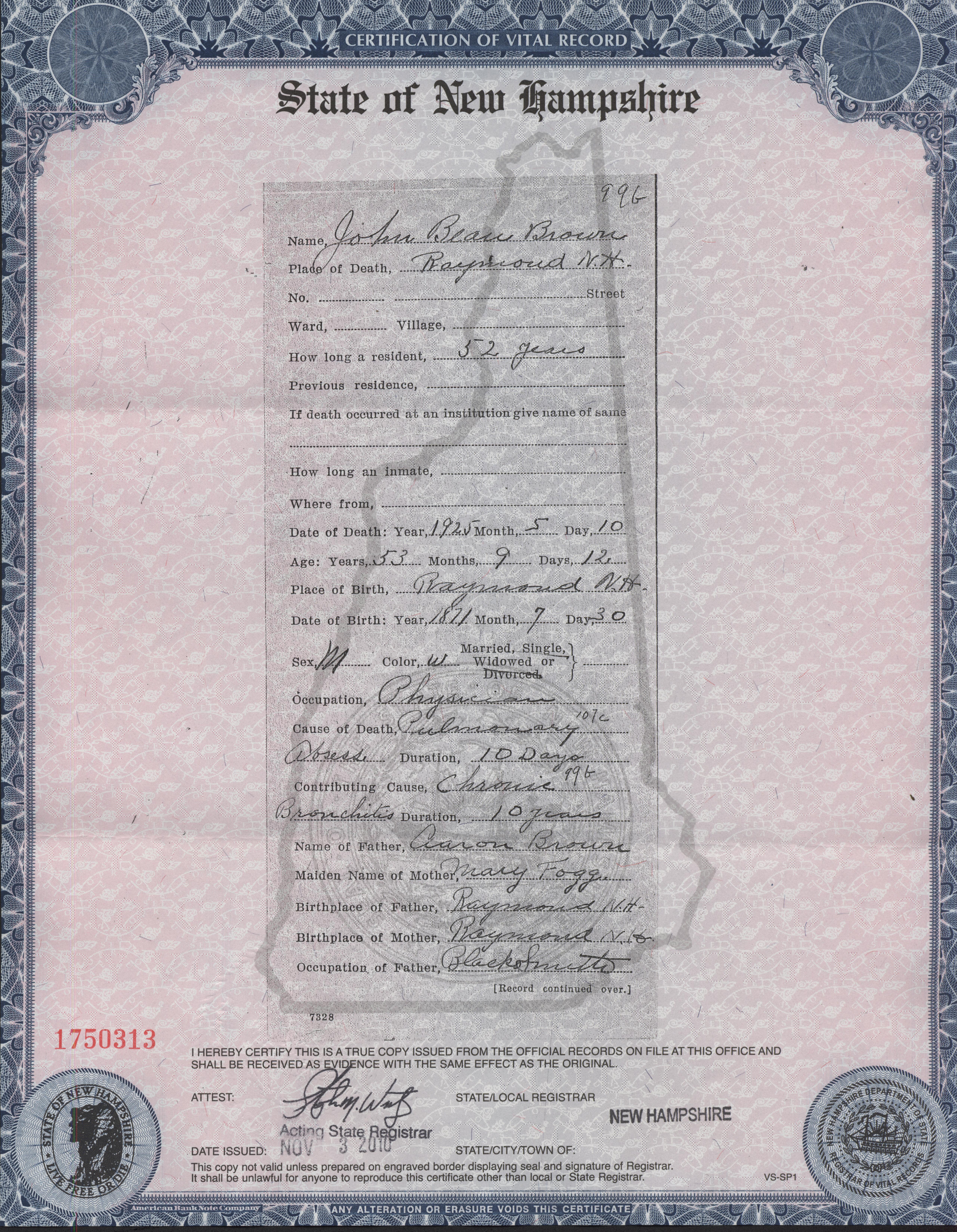 JBB Death Certificate Front