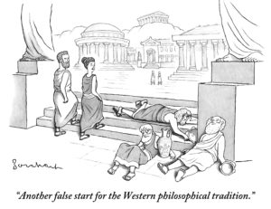 Two ancient Greeks walk past a pile of drunk philosophers by what looks like the Acropolis. (Conde Nast TagID: cncartoons024458.jpg) [Photo via Conde Nast]