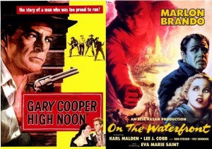 Posters for High Noon, written and produced by "uncooperative witness" Carl Foreman, and On the Waterfront, directed by Elia Kazan, written by Budd Schulberg and co-starring Lee J. Cobb, all "cooperative witnesses". Both films drew criticisms for their perceived allegorical natures. (Wikimedia Commons)