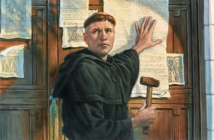 Martin Luther posting his ninety-five theses on the doors of All Saints' Church in Wittenberg