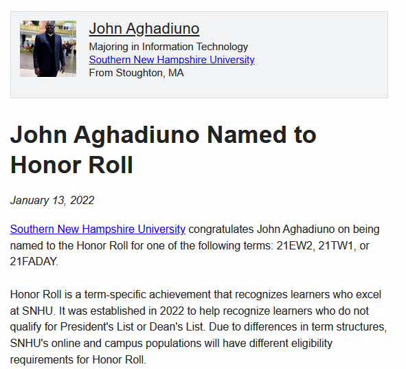 John Aghadiuno Named to Honor Roll