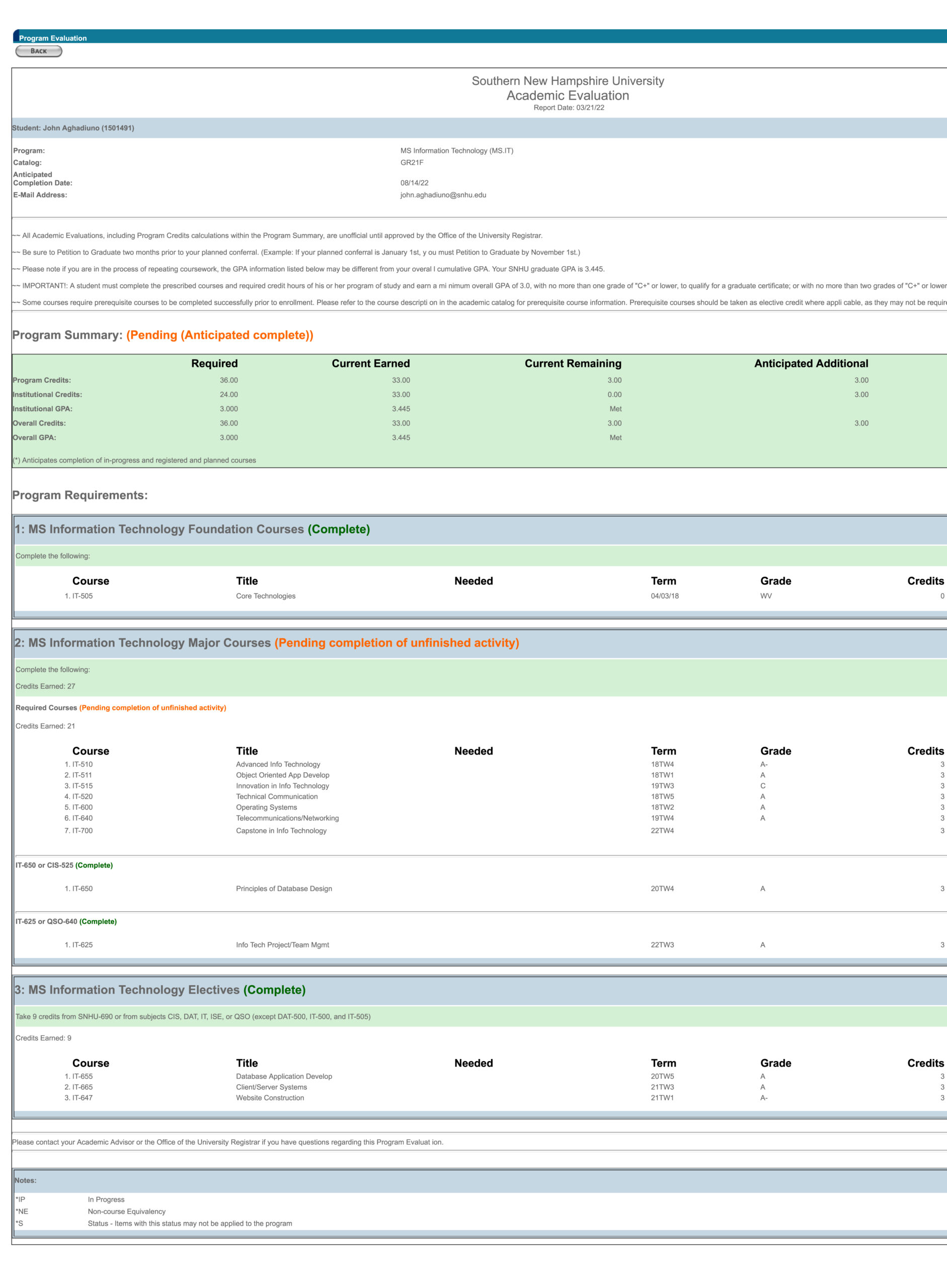 Courses and Academic Evaluations