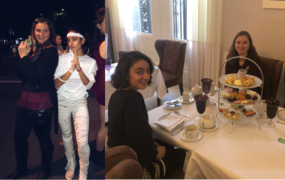 Peyton and Deema in Salem for Halloween, 2017 (Left), and having high tea at the Boston Public Libraries, 2017 (Right)