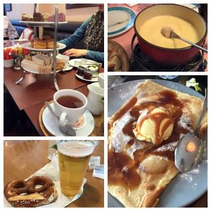 (Photos of the food I tried in different countries: afternoon tea in London, fondue in Switzerland, pretzel in Germany with a beer, and crepes in France) 