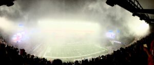 A rare front of fog rolls into Gillet Stadium Sunday night making the field almost impossible to see for the 300 level seats. The Patriots won their Super Bowl LI rematch withe the Atlanta Falcons 23-7 and improved to 5-2 on the year.  (Photo by Matt Dresens)