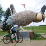 At the statue of the giant prarie chicken