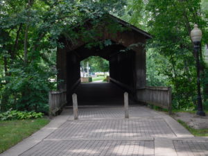 The bike trail goes through a covered bridge in Ada Michigan